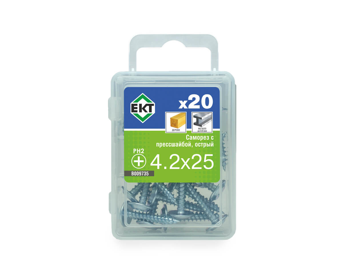 Саморез с прессшайбой, 4.2x25 острый, цинк, ЕКТ (упак/20шт)