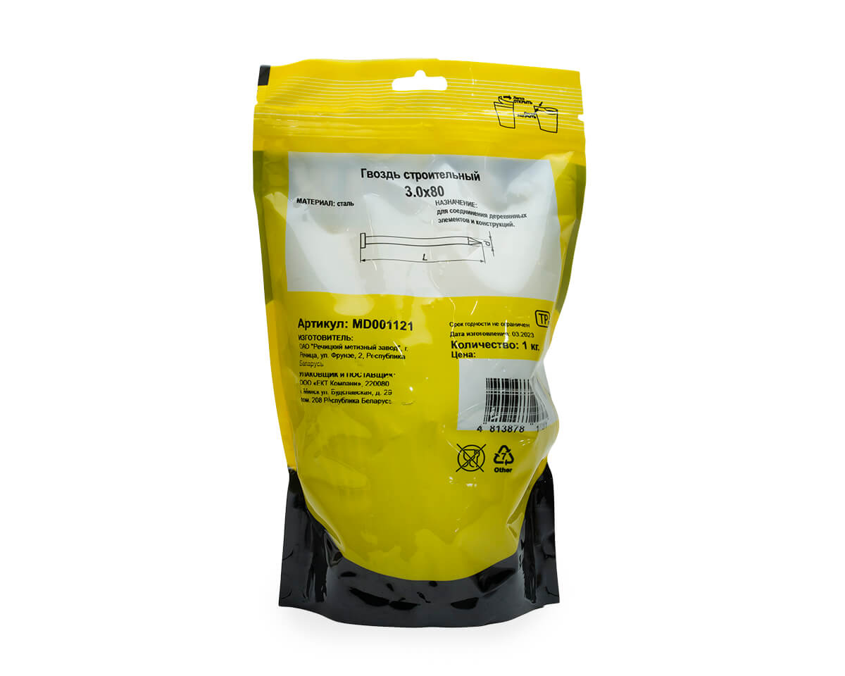 Гвоздь строительный 3.0x80, дой-пак L, МОНТАЖ (пакет/1кг)