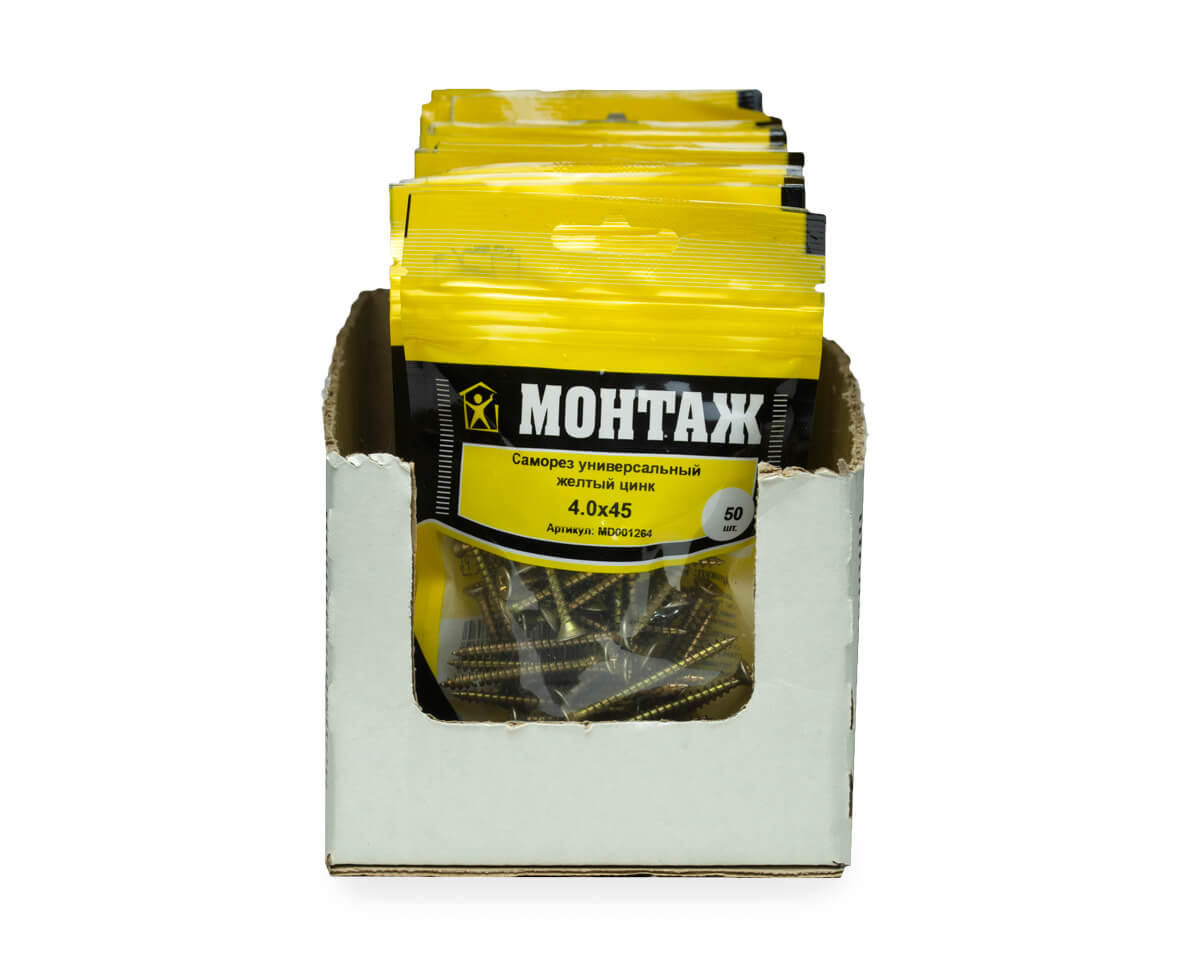 Саморез универсальный 4.0x45, желтый цинк, дой-пак S, МОНТАЖ (пакет/50шт)