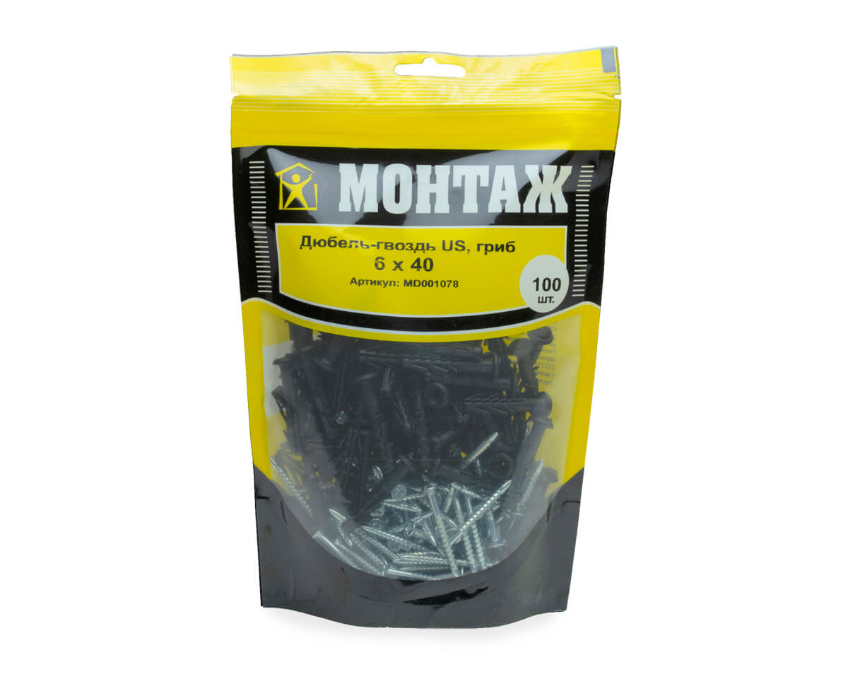 Дюбель-гвоздь US, 6x40 гриб, п/в, МОНТАЖ (дой-пак L/100шт)
