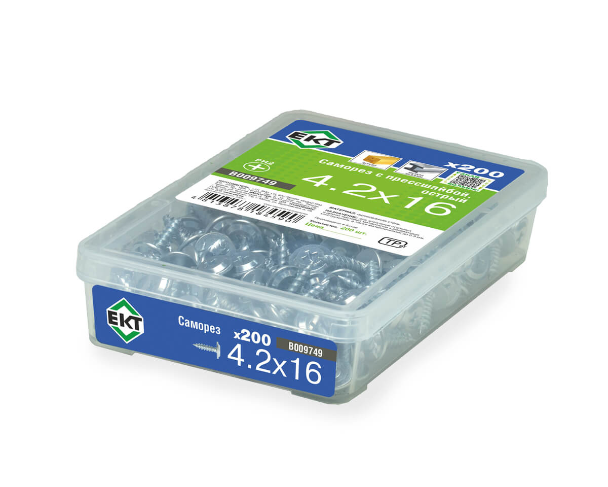 Саморез с прессшайбой, 4.2x16 острый, цинк,в пласт.контейнере, ЕКТ (упак/200шт)