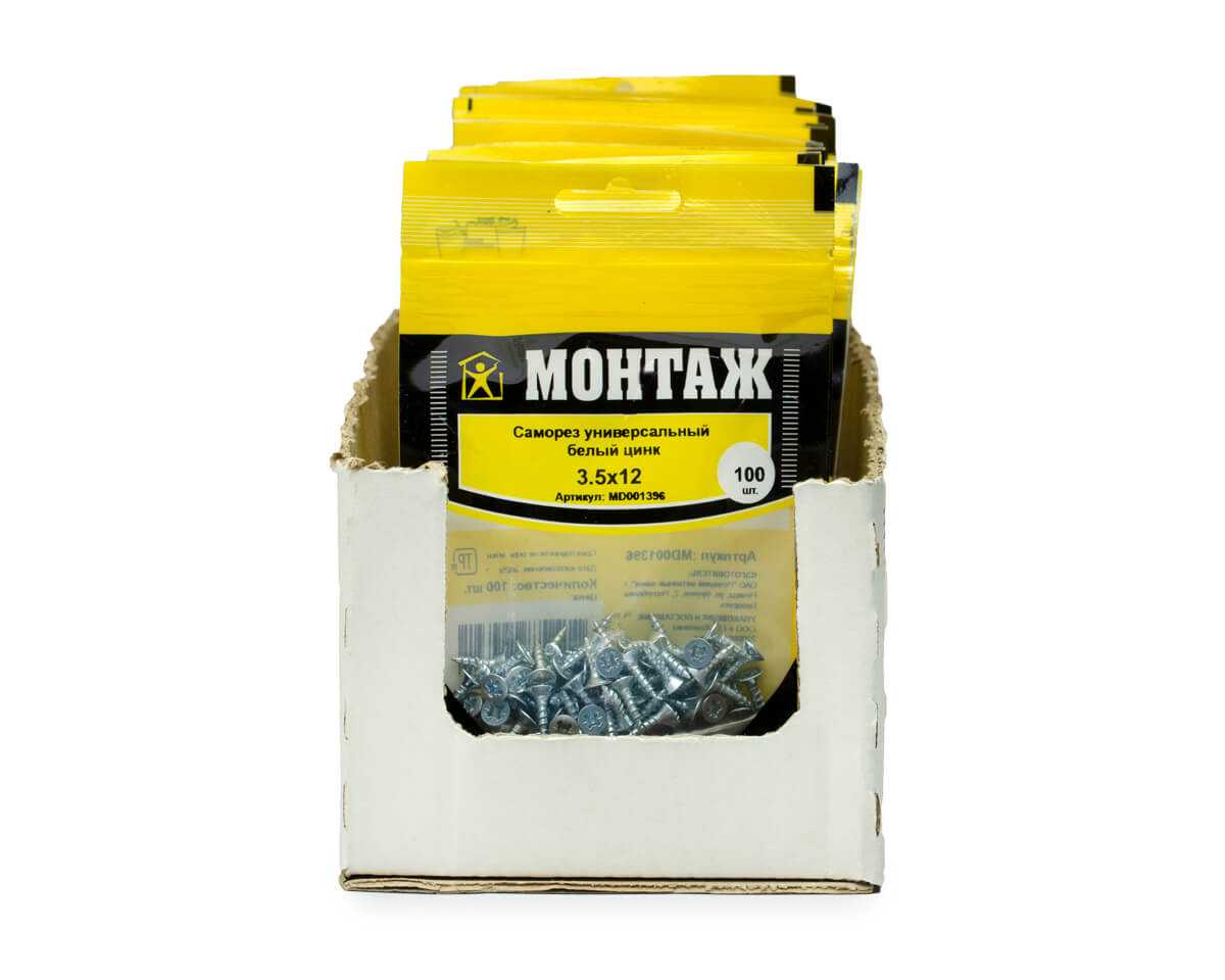 Саморез универсальный 3.5x12, белый цинк, дой-пак S, МОНТАЖ (пакет/100шт)