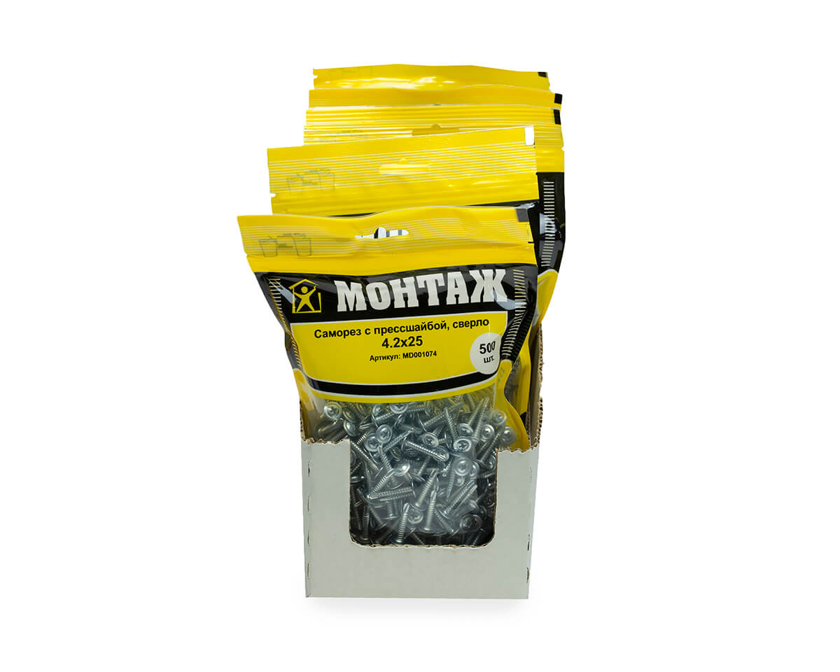 Саморез с прессшайбой 4.2x25, сверло, цинк, дой-пак L, МОНТАЖ (пакет/500шт)