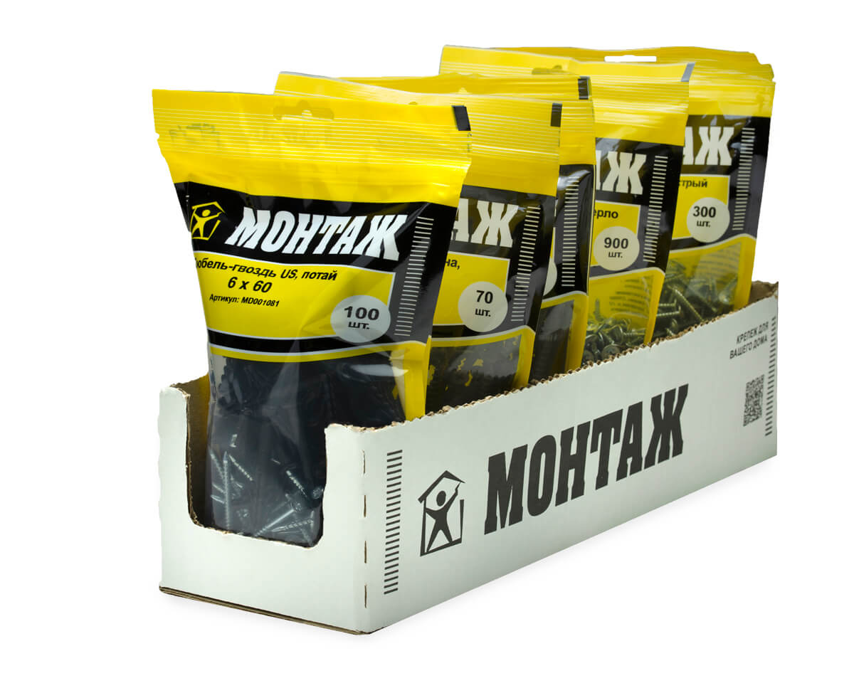 Дюбель-гвоздь US, 6x60 потай, п/в, МОНТАЖ (дой-пак L/100шт)