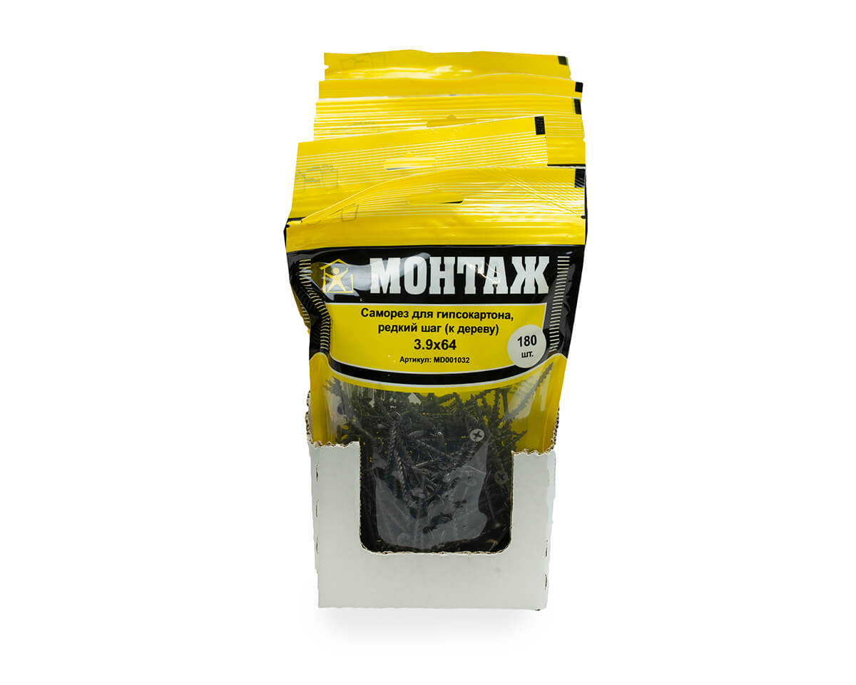 Саморез для гипсокартона 3.9x64, редкий шаг (к дереву), фосфат, дой-пак L, МОНТАЖ (пакет/180шт)