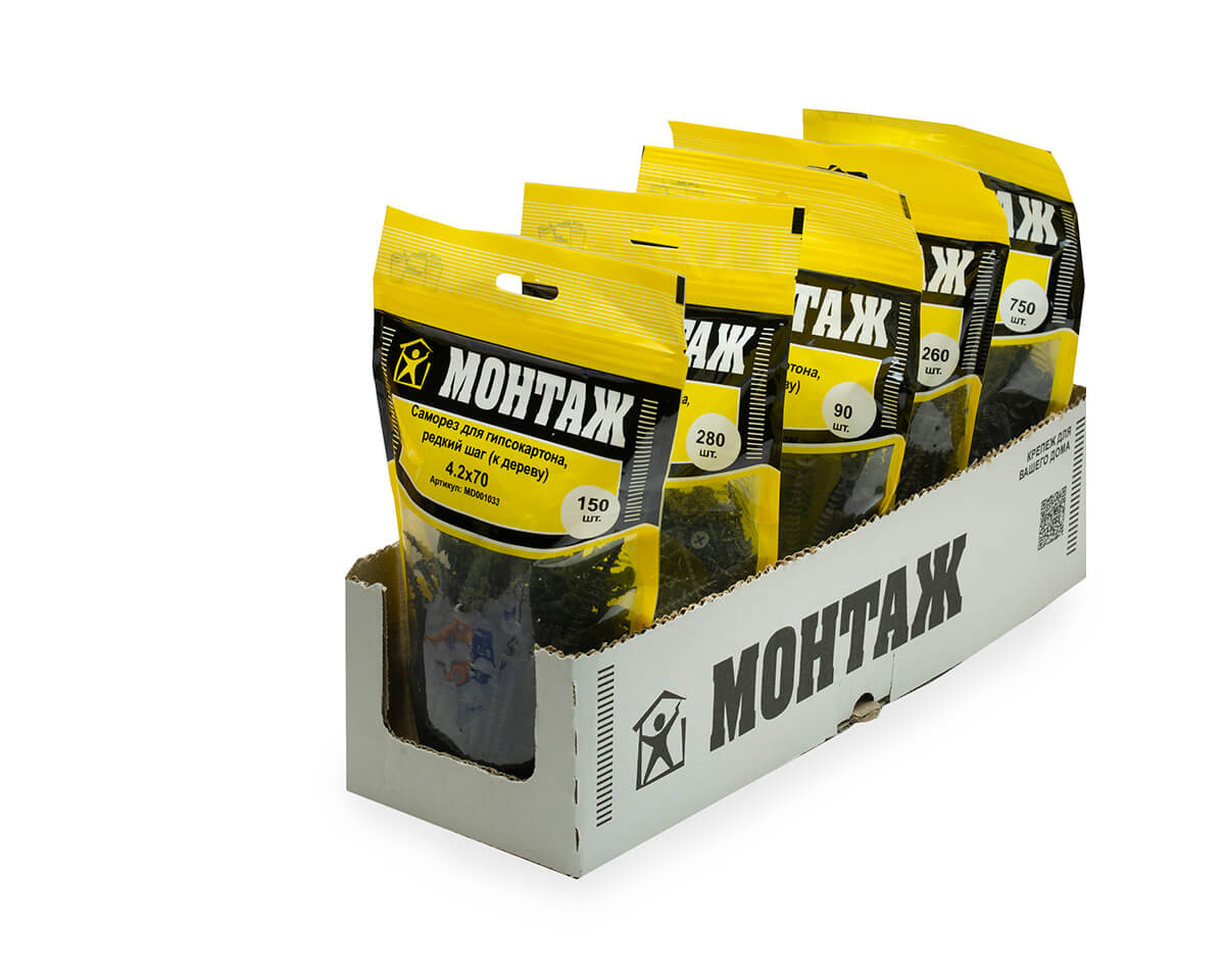 Саморез для гипсокартона 4.2x70, редкий шаг (к дереву), фосфат, дой-пак L, МОНТАЖ (пакет/150шт)