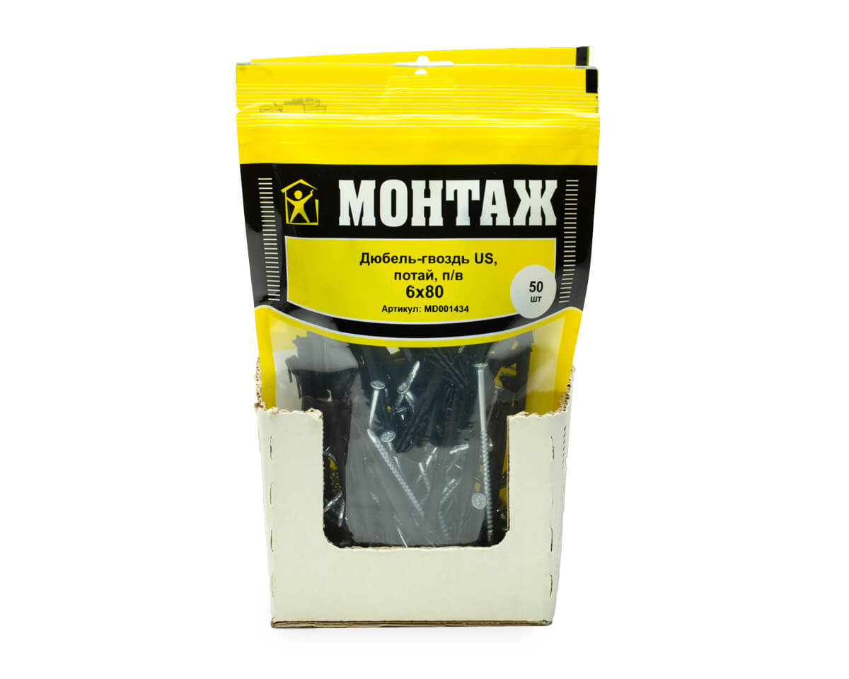 Дюбель-гвоздь US, 6x80 потай, п/в, МОНТАЖ (дой-пак L/50шт)