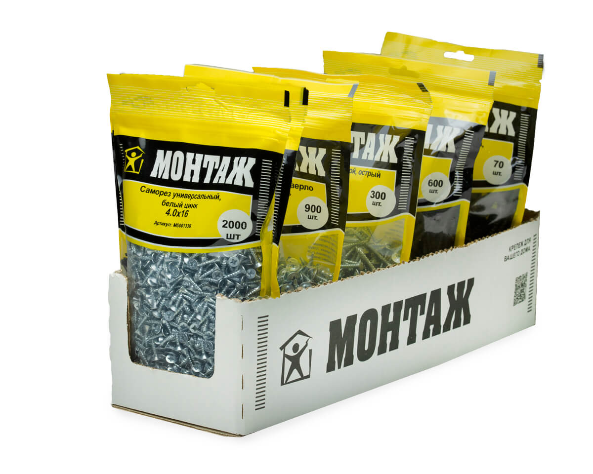 Саморез универсальный 4,0х16, белый цинк, МОНТАЖ (дой-пак L/2.000шт)