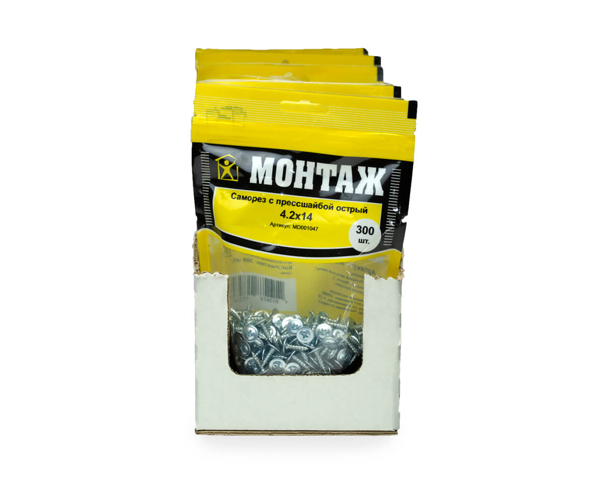 Саморез с прессшайбой 4.2x14, острый, цинк, дой-пак M, МОНТАЖ (пакет/300шт)