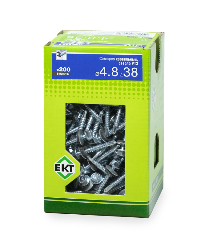 Саморез кровельный с резин. прокл. 4.8х38 сверло PT3, цинк, в коробке с окном, ЕКТ (упак/200шт)