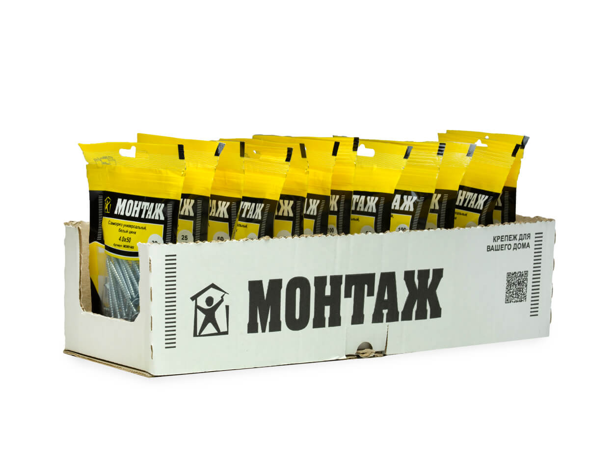 Саморез универсальный 4.0x50, белый цинк, дой-пак S, МОНТАЖ (пакет/30шт)