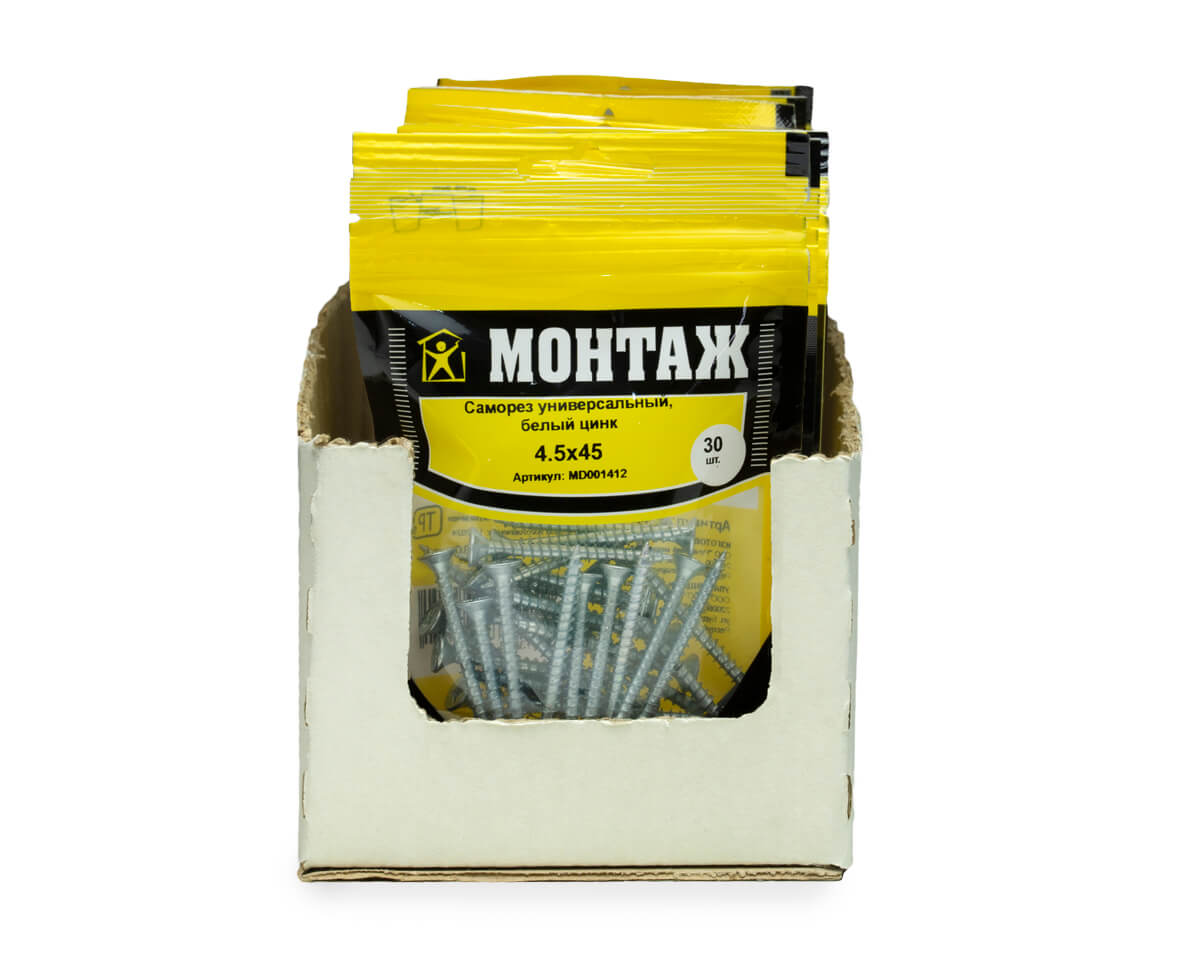 Саморез универсальный 4.5x45, белый цинк, дой-пак S, МОНТАЖ (пакет/30шт)
