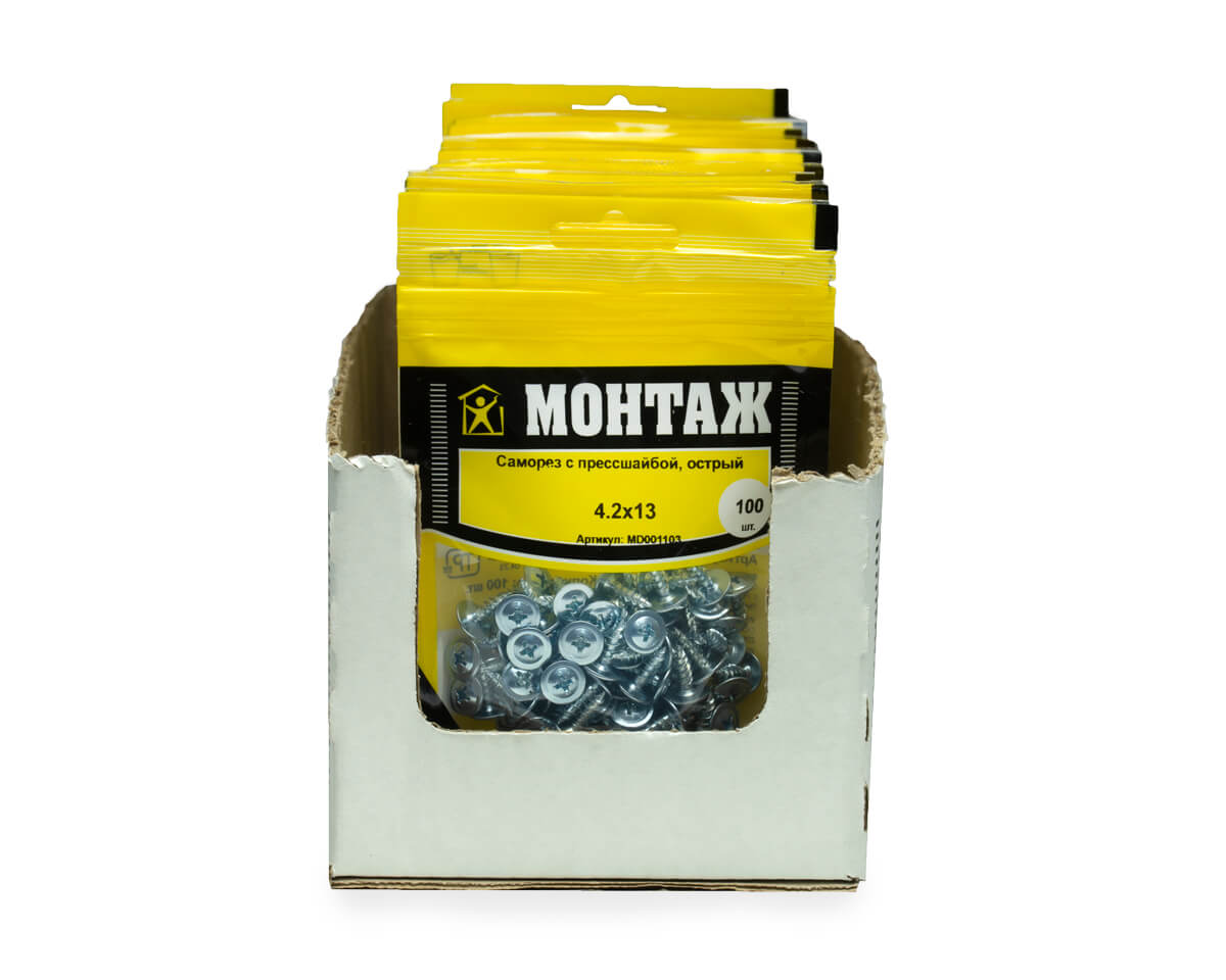 Саморез с прессшайбой 4.2x13, острый, цинк, дой-пак S, МОНТАЖ (пакет/100шт)