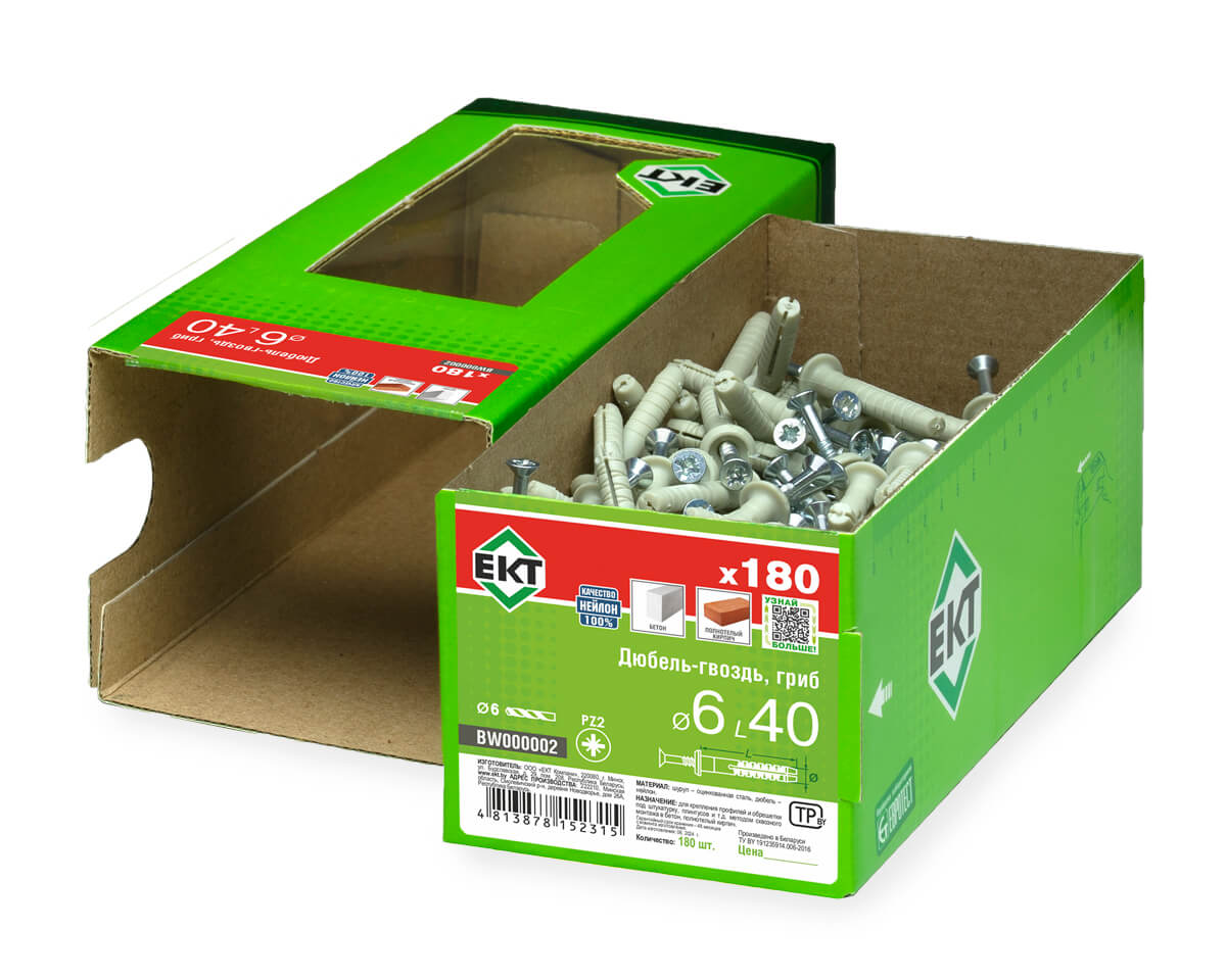 Дюбель-гвоздь GL, 6x40 гриб, нейлон, ЕКТ (кор. с окном/180шт)