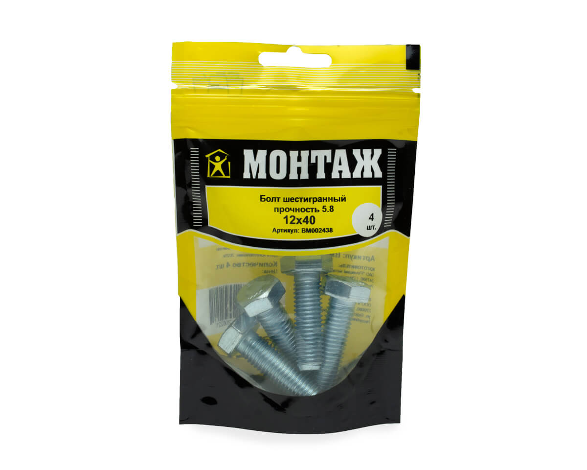 Болт с шестигр. головкой М12х40/40, DIN933/ГОСТ 7798-70,кл.5.8,цинк МОНТАЖ (пакет/4шт)