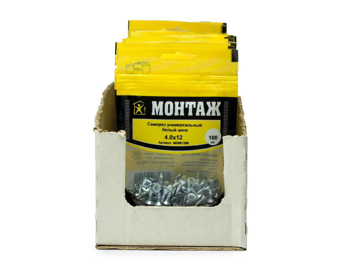 Саморез универсальный 4.0x12, белый цинк, дой-пак S, МОНТАЖ (пакет/100шт)
