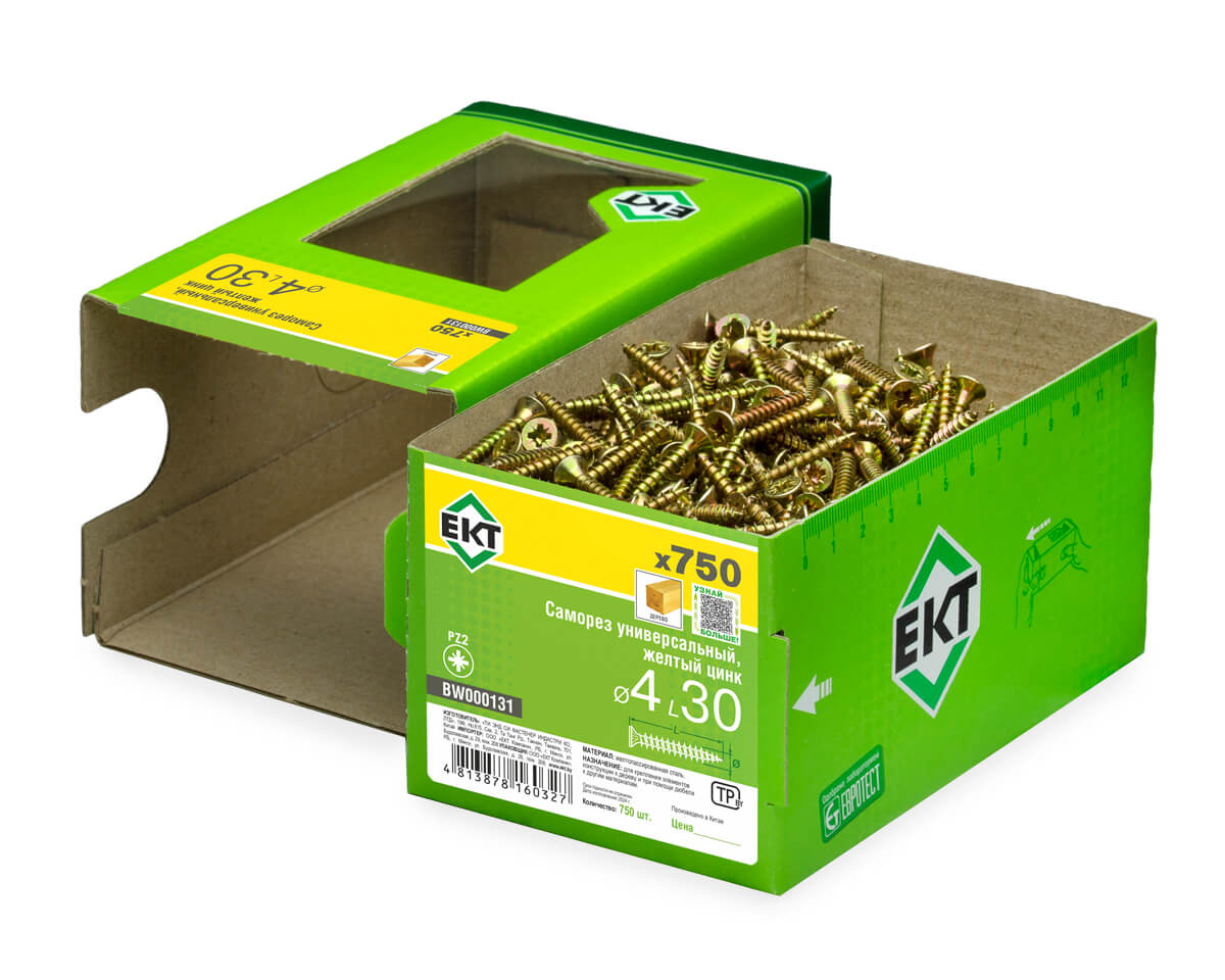 Саморез универсальный 4.0х30, желтый цинк, в коробке с окном, ЕКТ (упак/750шт)