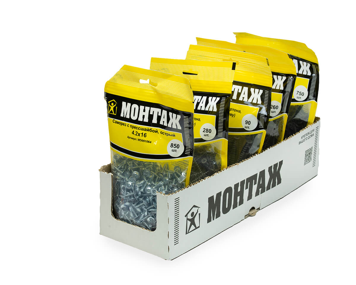 Саморез с прессшайбой 4.2x16, острый, цинк, дой-пак L, МОНТАЖ (пакет/850шт)