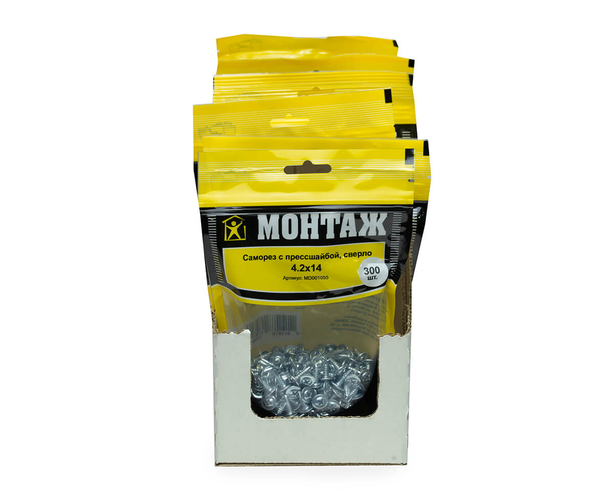 Саморез с прессшайбой 4.2x14, сверло, цинк, дой-пак M, МОНТАЖ (пакет/300шт)