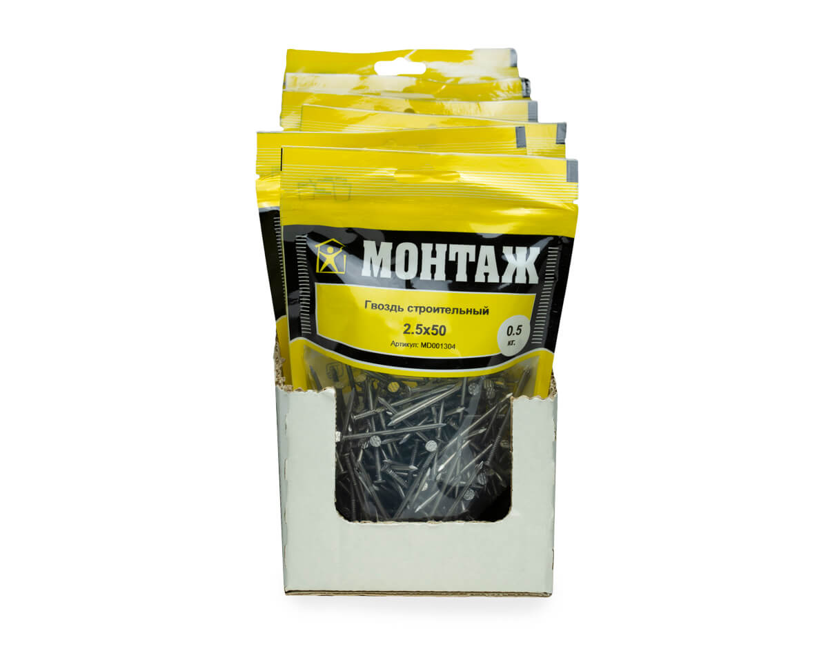 Гвоздь строительный 2.5x50, дой-пак M, МОНТАЖ (пакет/0.5кг)