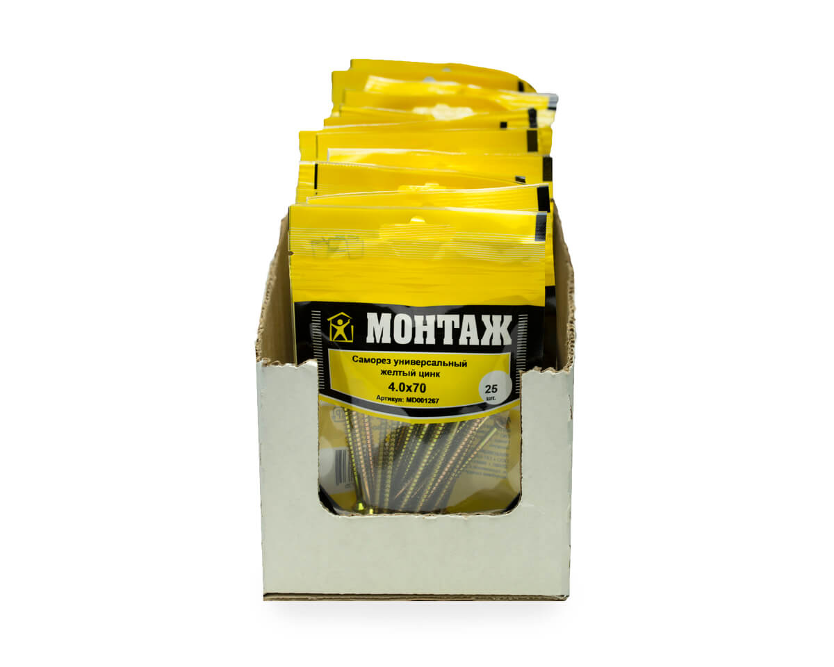 Саморез универсальный 4.0x70, желтый цинк, дой-пак S, МОНТАЖ (пакет/25шт)