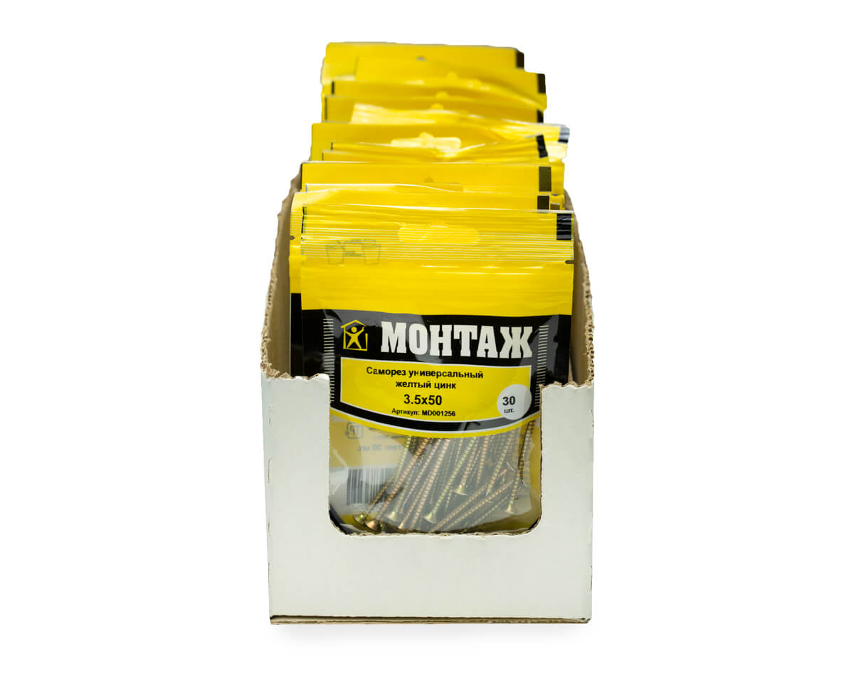 Саморез универсальный 3.5x50, желтый цинк, дой-пак S, МОНТАЖ (пакет/30шт)