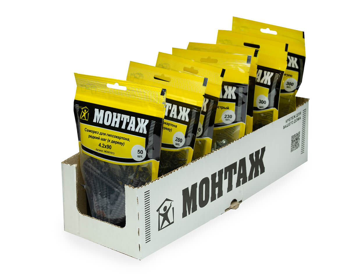 Саморез для гипсокартона 4.2x90, редкий шаг (к дереву), фосфат, дой-пак M, МОНТАЖ (пакет/50шт)
