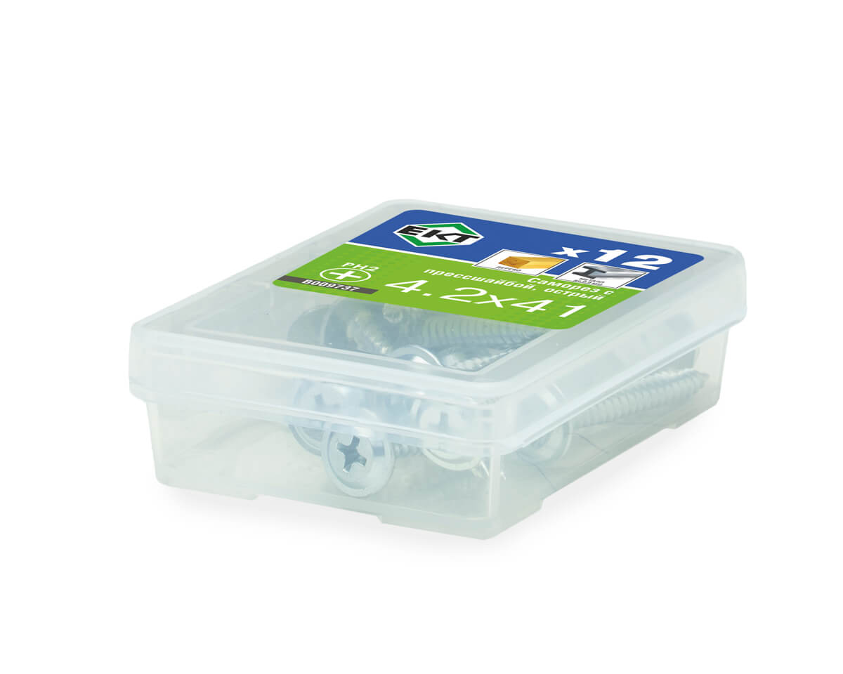 Саморез с прессшайбой, 4.2x41 острый, цинк, ЕКТ (упак/12шт)