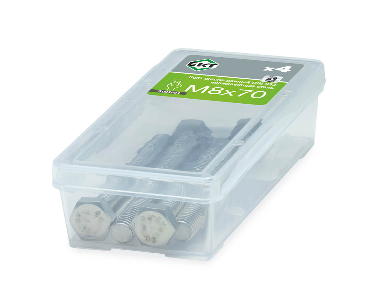 Болт с шестигранной головкой M8х70, DIN933, НЕРЖ. СТАЛЬ, ЕКТ (упак/4шт)