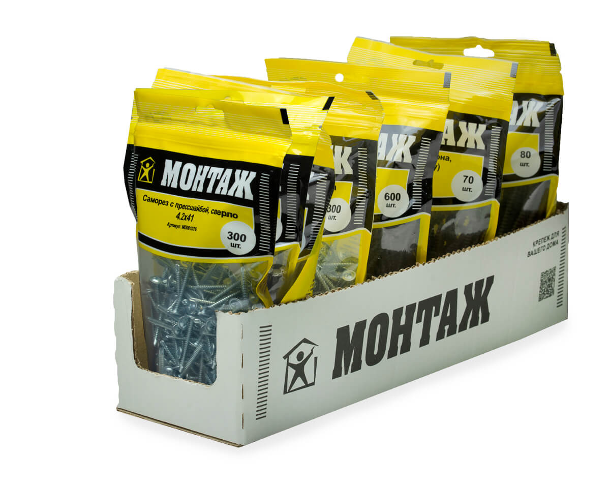 Саморез с прессшайбой 4.2x41, сверло, цинк, дой-пак L, МОНТАЖ (пакет/300шт)
