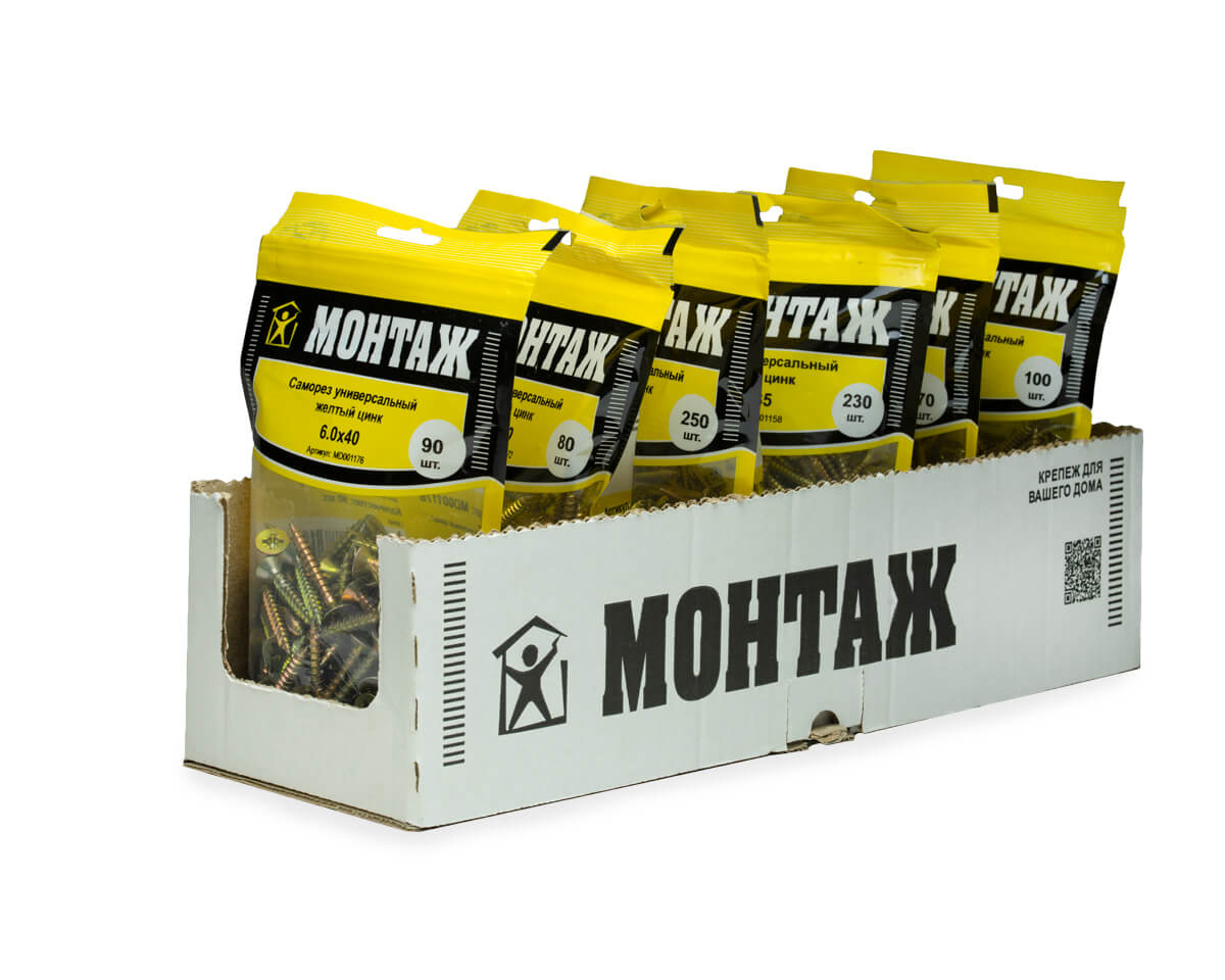 Саморез универсальный 6.0x40, желтый цинк, дой-пак M, МОНТАЖ (пакет/90шт)