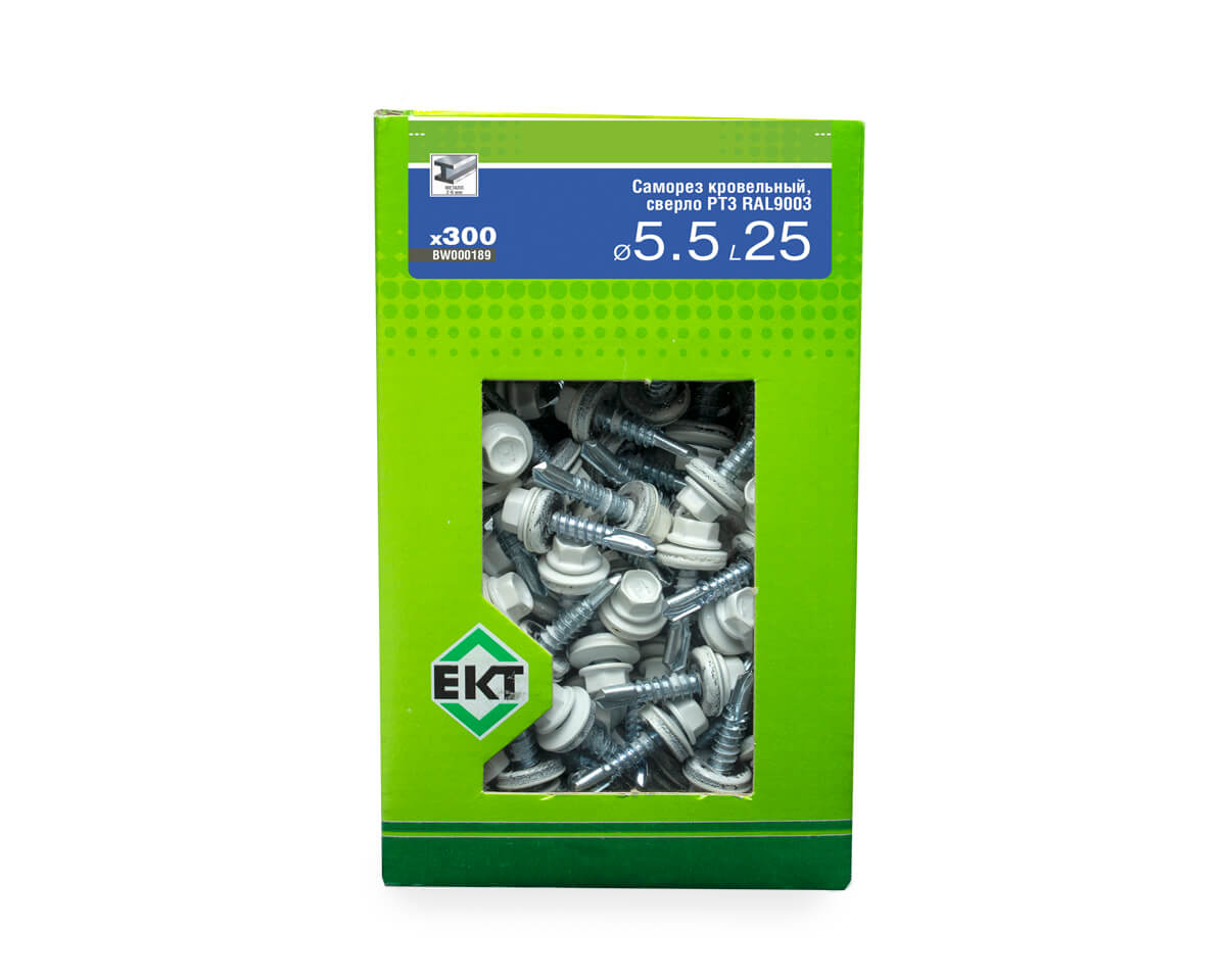 Саморез кровельный с резин. прокл. 5.5x25, сверло PT3, RAL9003, в коробке с окном, ЕКТ (упак/250шт)