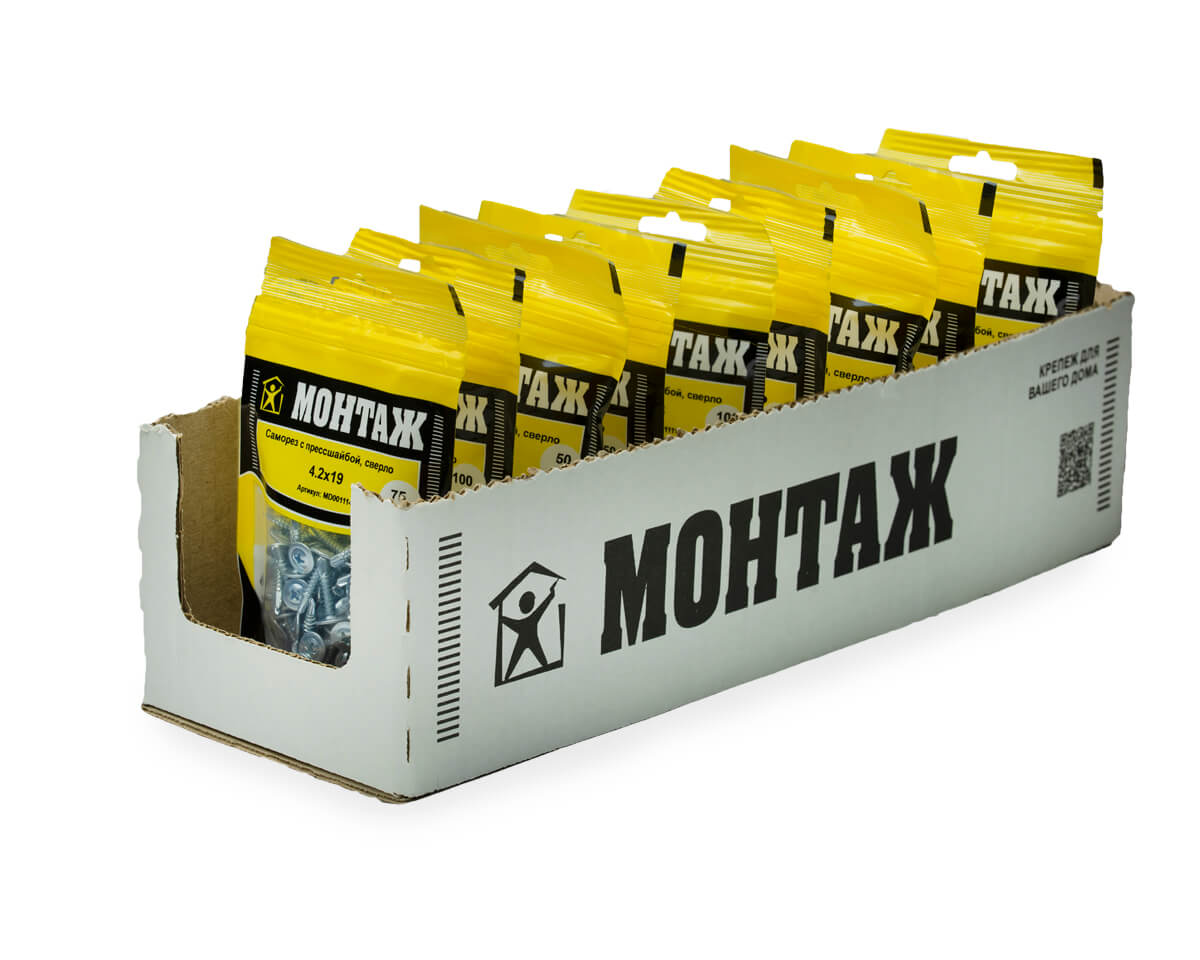 Саморез с прессшайбой 4.2x19, сверло, цинк, дой-пак S, МОНТАЖ (пакет/75шт)