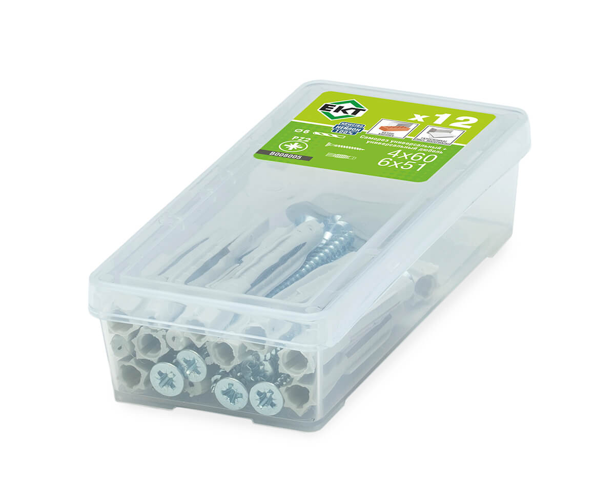 Саморез, белый цинк 4,0х60 + универсальный дюбель UDD 6х51, нейлон (упак/12шт)