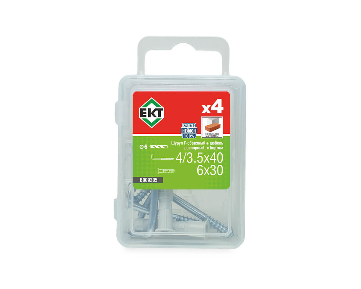 Шуруп Г-образный 4/3,5х40, оцинк. + распорный дюбель с бортиком KSD S 6x30, нейлон (упак/4шт)