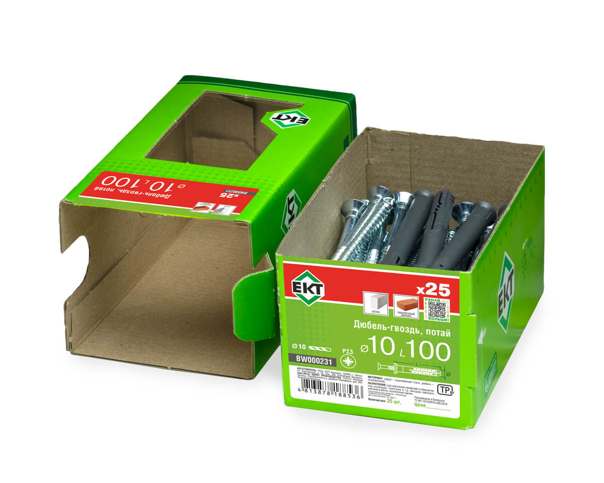 Дюбель-гвоздь GL, 10x100 потай, п/п, ЕКТ (кор. с окном/25шт)