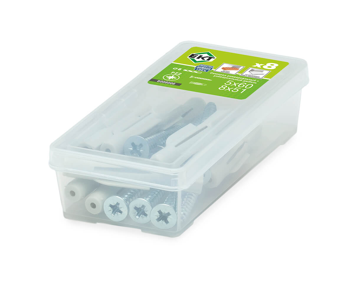 Саморез, белый цинк 5,0х60 + универсальный дюбель UDD 8х51, нейлон (упак/8шт)