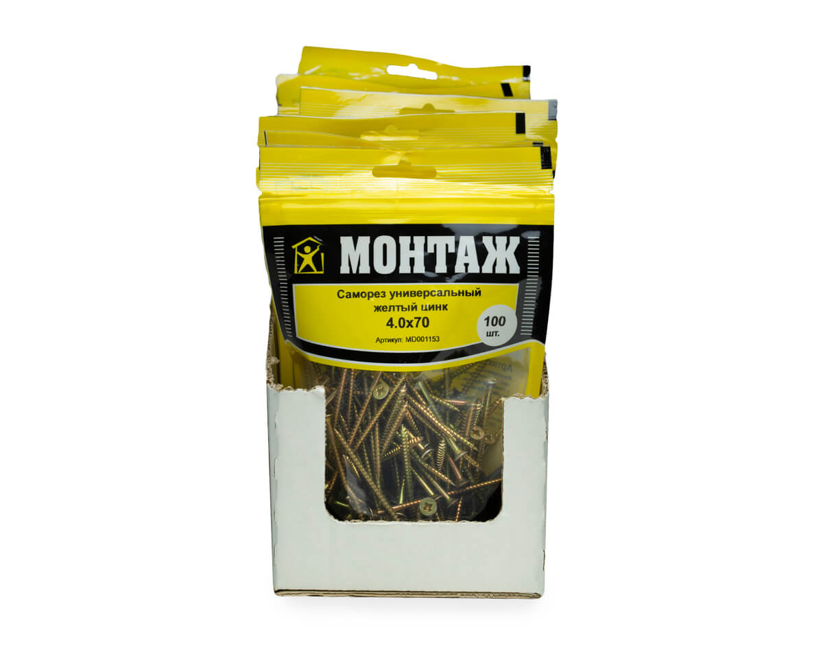 Саморез универсальный 4.0x70, желтый цинк, дой-пак M, МОНТАЖ (пакет/100шт)