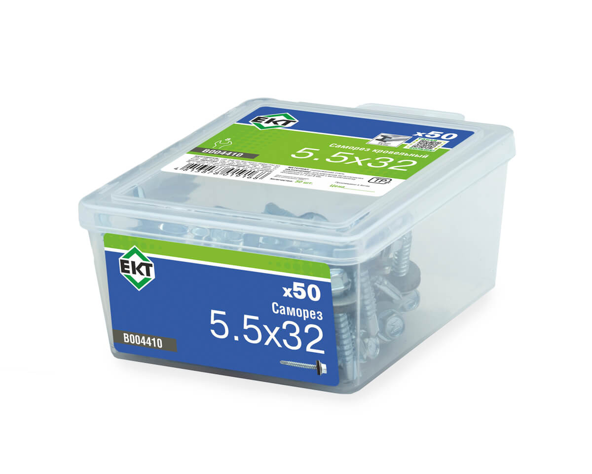 Саморез кровельный 5,5х32 сверло, цинк, с резиновой прокладкой, в пласт. контейнере (упак/50шт)