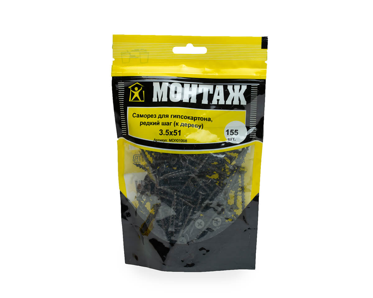 Саморез для гипсокартона 3.5x51, редкий шаг (к дереву), фосфат, дой-пак M, МОНТАЖ (пакет/155шт)