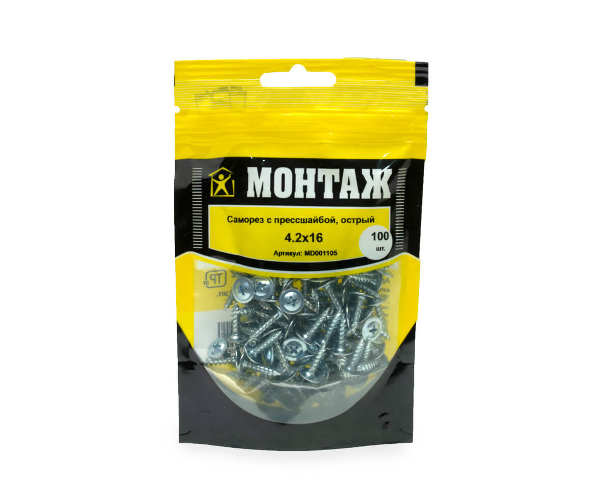 Саморез с прессшайбой 4.2x16, острый, цинк, дой-пак S, МОНТАЖ (пакет/100шт)