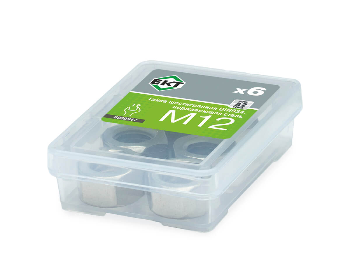 Гайка шестигранная М12, DIN934, НЕРЖ. СТАЛЬ, ЕКТ (упак/6шт)