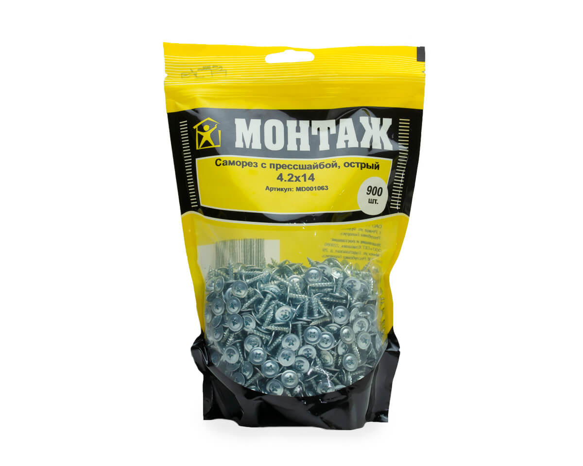Саморез с прессшайбой 4.2x14, острый, цинк, дой-пак L, МОНТАЖ (пакет/900шт)