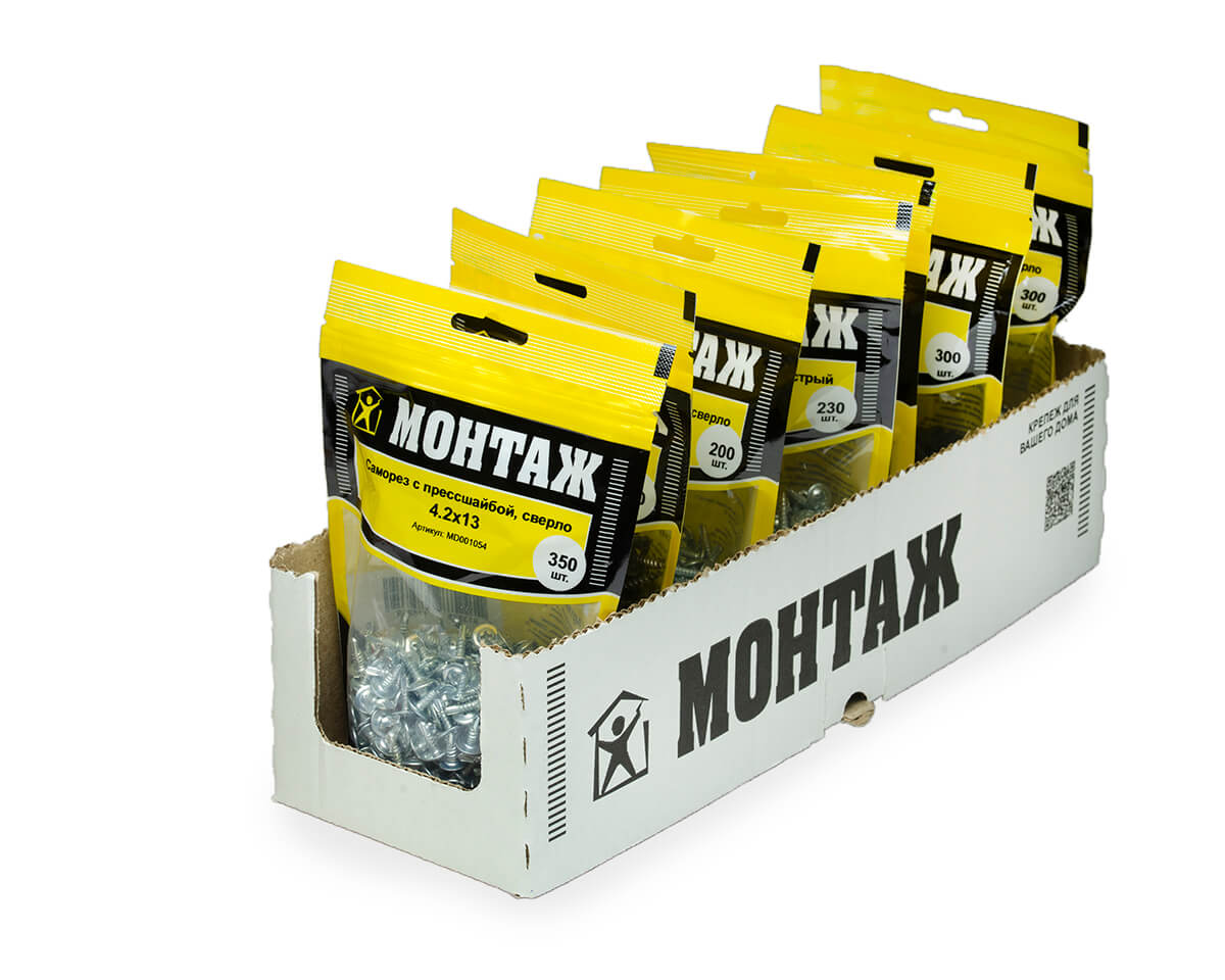 Саморез с прессшайбой 4.2x13, сверло, цинк, дой-пак M, МОНТАЖ (пакет/350шт)
