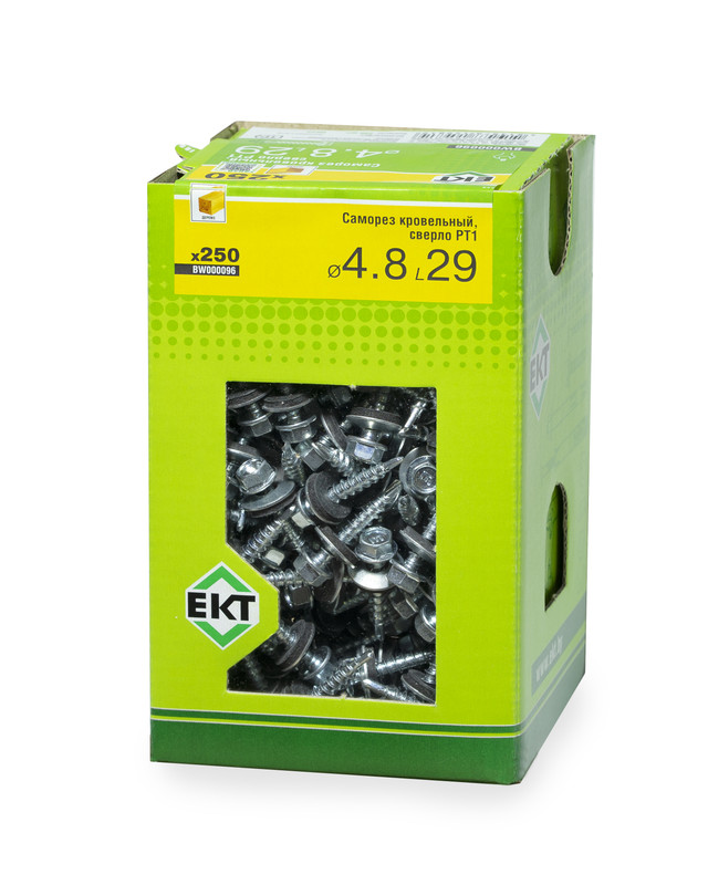 Саморез кровельный с резин. прокл. 4.8х29 сверло PT1, цинк, в коробке с окном, ЕКТ (упак/250шт)