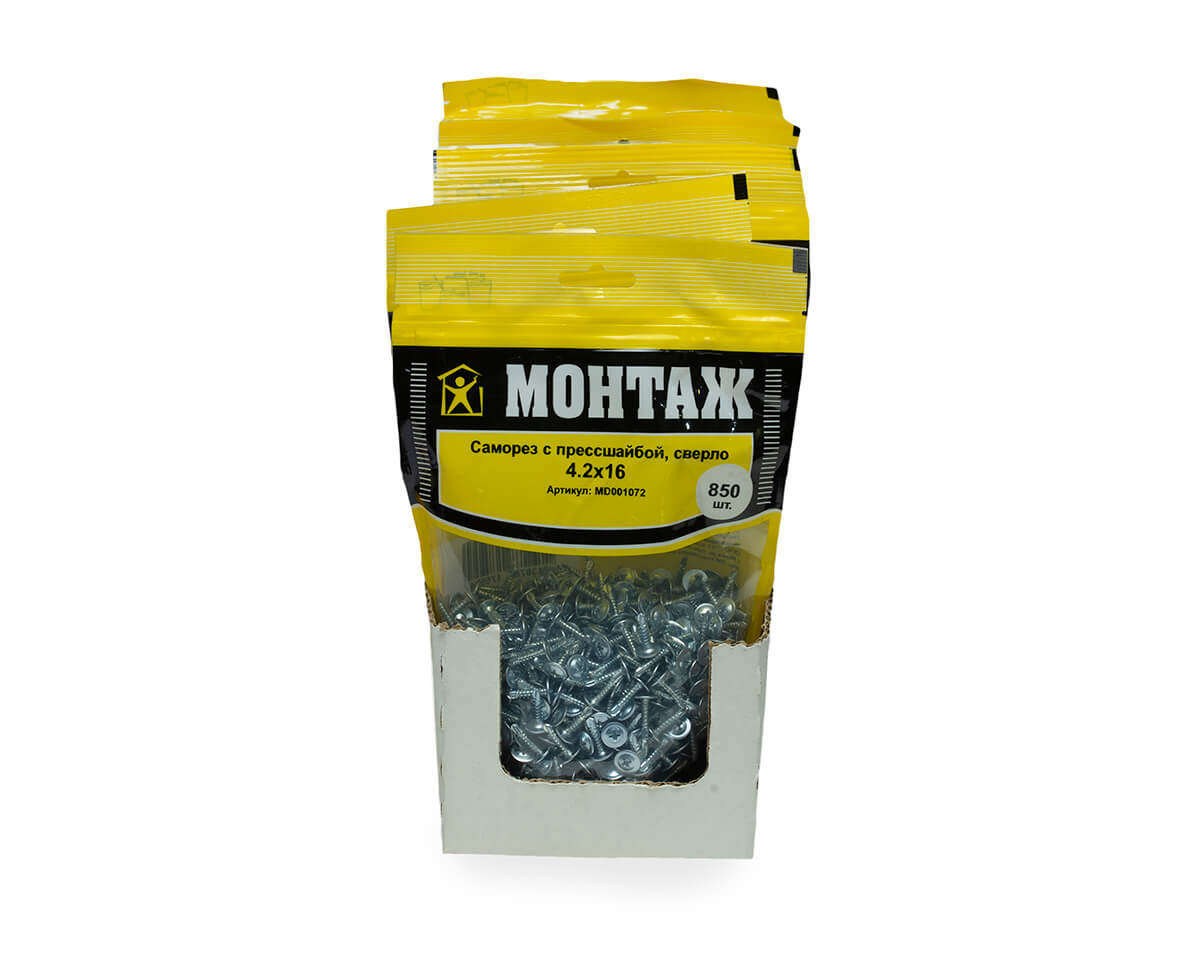 Саморез с прессшайбой 4.2x16, сверло, цинк, дой-пак L, МОНТАЖ (пакет/850шт)