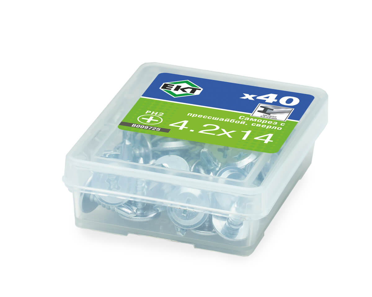 Саморез с прессшайбой, 4.2x14 сверло, цинк, ЕКТ (упак/40шт)