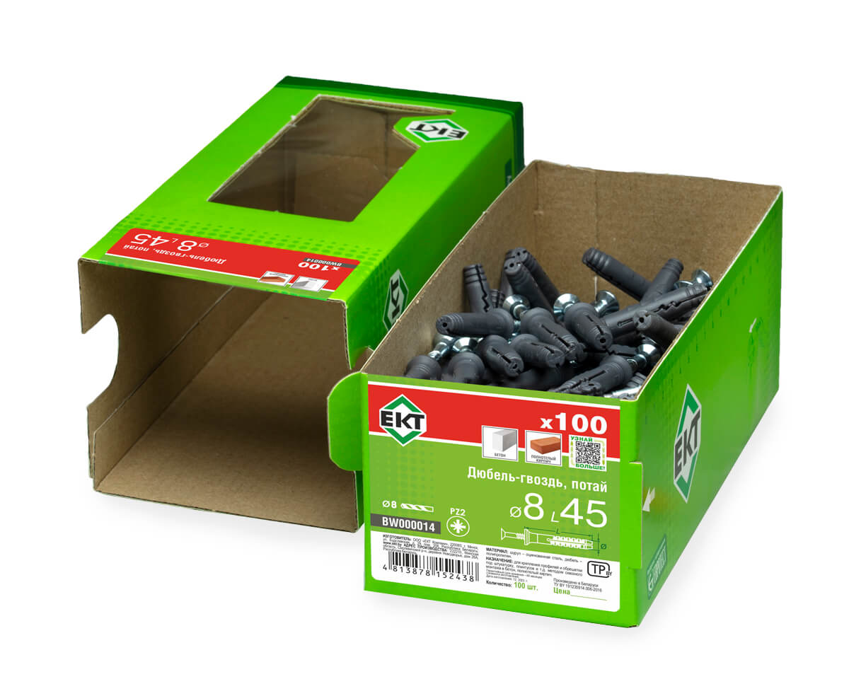 Дюбель-гвоздь GL, 8x45 потай, п/п, ЕКТ (кор. с окном/100шт)
