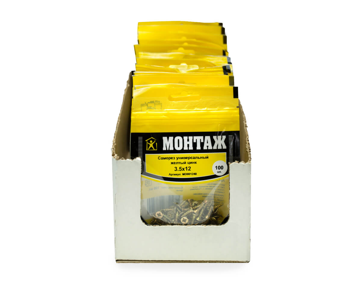 Саморез универсальный 3.5x12, желтый цинк, дой-пак S, МОНТАЖ (пакет/100шт)