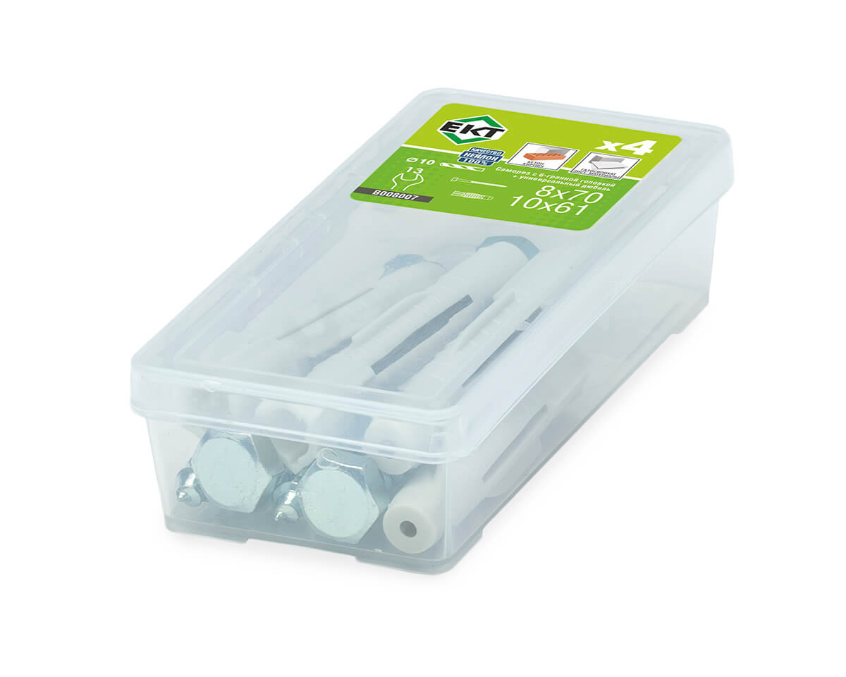 Саморез с 6-гран. гол., белый цинк 8,0х70 + универсальный дюбель UDD 10х61, нейлон (упак/4шт)